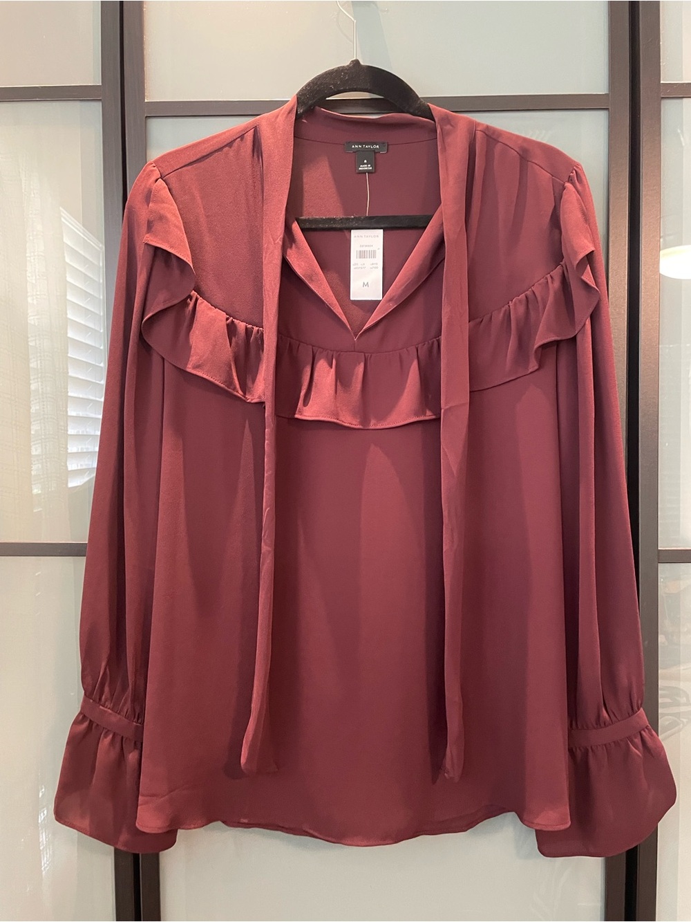 Ann Taylor Ruffle Tie-Neck Blouse - Burgundy